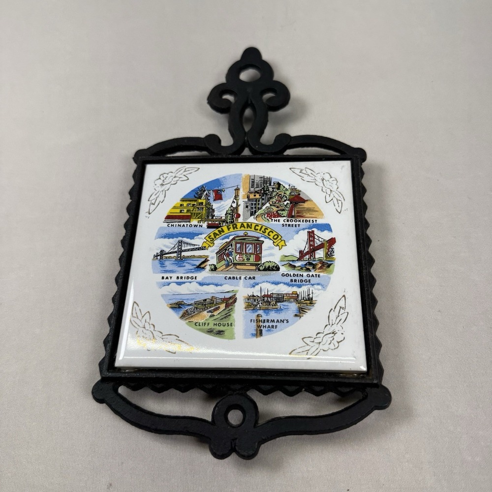 Vintage Tile Cast Iron Trivet San Francisco SNCO Japan Cable Car Chinatown 9.25"